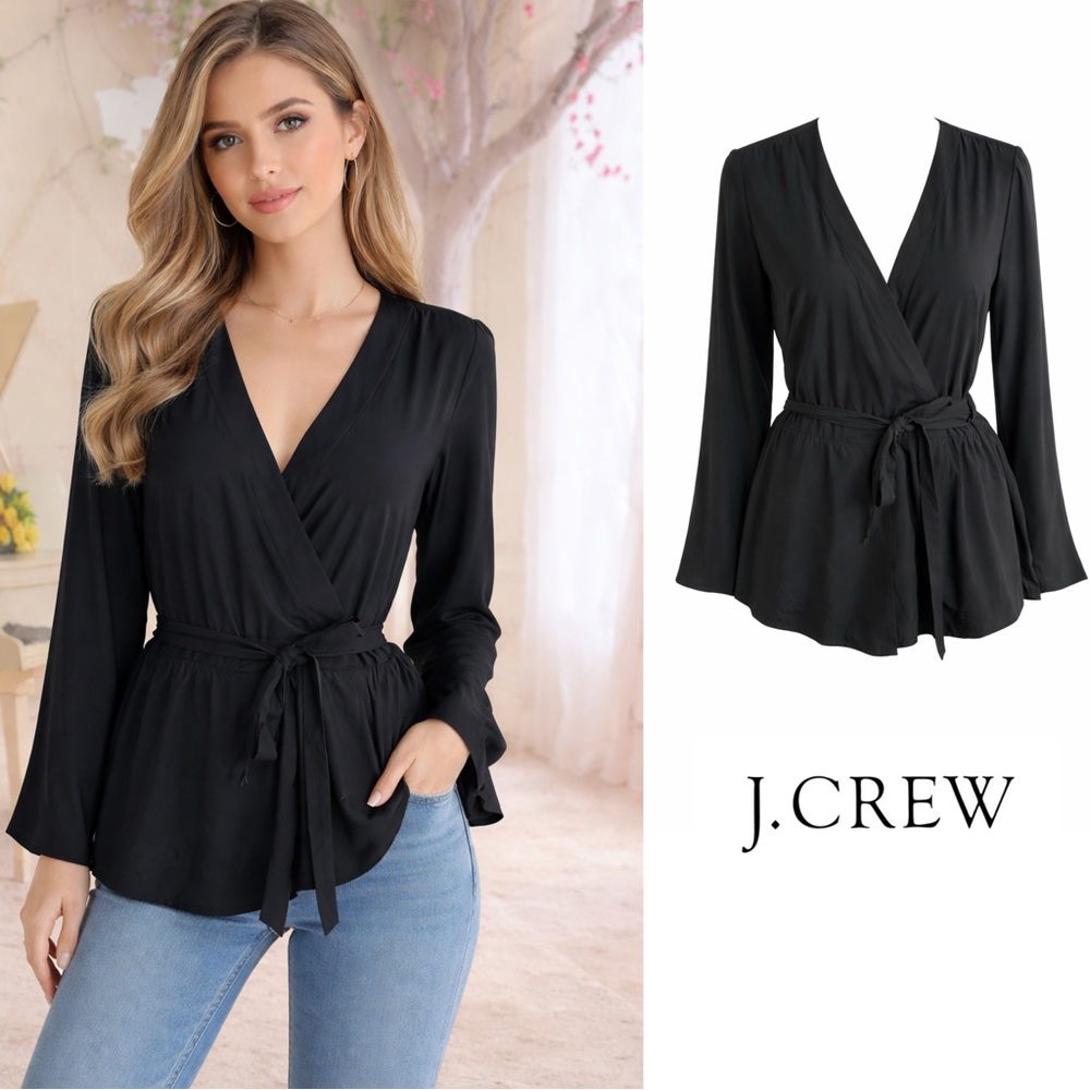 SOLD NEW J Crew Faux Wrap Tie Blouse in Black